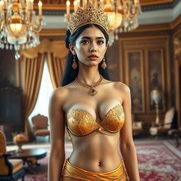 A 19-year-old beautiful young woman with an ideal, proportional body, portraying the role of a Javanese queen