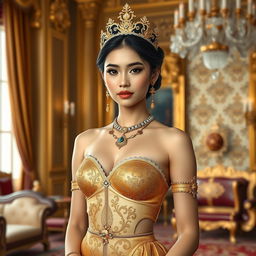 A 19-year-old beautiful young woman with an ideal, proportional body, portraying the role of a Javanese queen