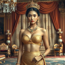 A 19-year-old beautiful young woman with an ideal, proportional body, portraying the role of a Javanese queen