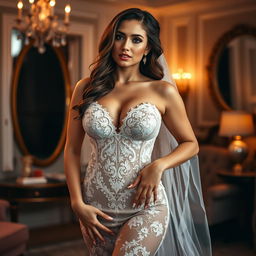 A seductive woman wearing a sexy wedding costume, highlighting her curvaceous figure with a focus on her ample bust