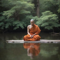 A monk sitting serenely as if floating in mid-air, surrounded by an aura of peace and tranquility.