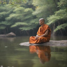 A monk sitting serenely as if floating in mid-air, surrounded by an aura of peace and tranquility.