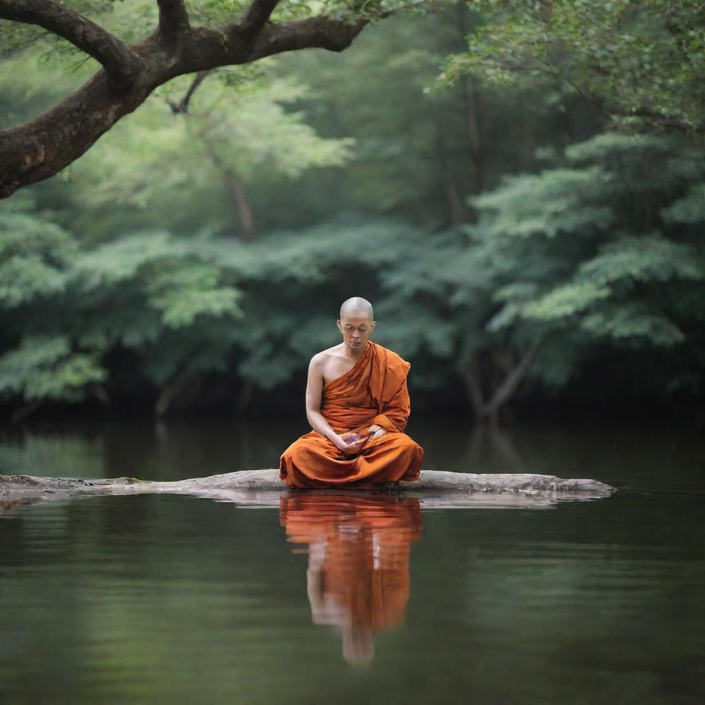 A monk sitting serenely as if floating in mid-air, surrounded by an aura of peace and tranquility.