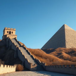 A scene featuring the Great Wall of China alongside a large step pyramid, reminiscent of ancient civilizations