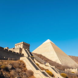 A scene featuring the Great Wall of China alongside a large step pyramid, reminiscent of ancient civilizations