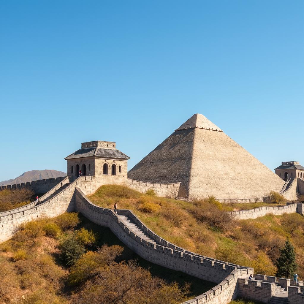 A scene featuring the Great Wall of China alongside a large step pyramid, reminiscent of ancient civilizations