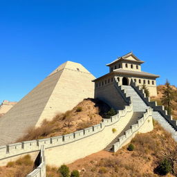 A scene featuring the Great Wall of China alongside a large step pyramid, reminiscent of ancient civilizations