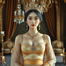 A 19-year-old beautiful Korean woman with an ideal, proportional body, portraying the role of a Javanese queen