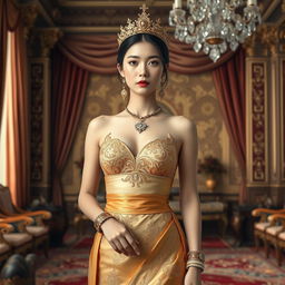 A 19-year-old beautiful Korean woman with an ideal, proportional body, portraying the role of a Javanese queen