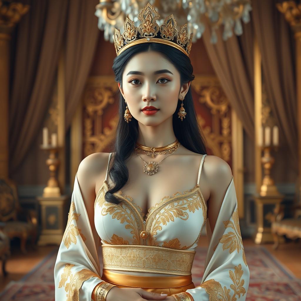 A 19-year-old beautiful Korean woman with an ideal, proportional body, portraying the role of a Javanese queen