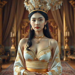 A 19-year-old beautiful Korean woman with an ideal, proportional body, portraying the role of a Javanese queen