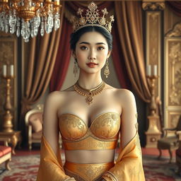 A 19-year-old beautiful Korean woman with an ideal, proportional body, portraying the role of a Javanese queen