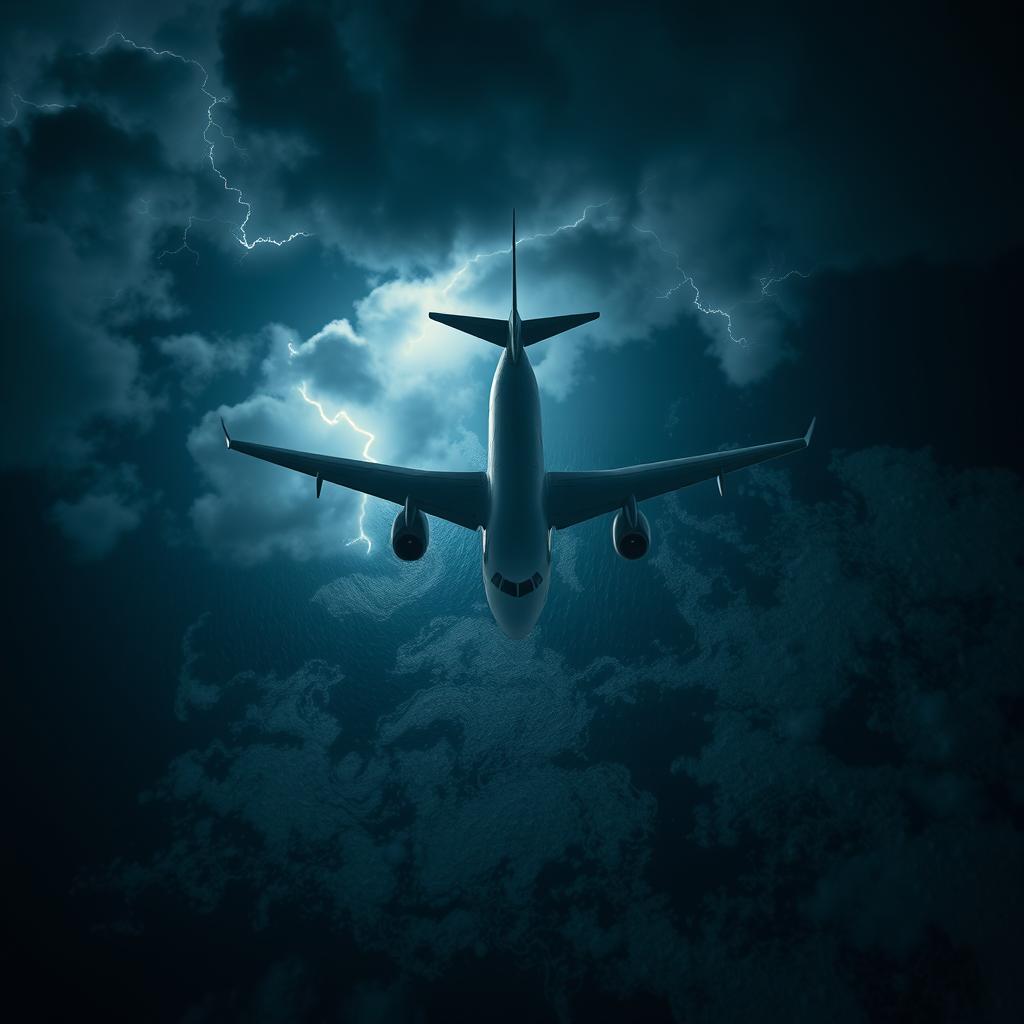 A modern commercial airplane flying over the ocean at night with a storm and clouds, captured from a top-down view