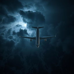 A modern commercial airplane flying over the ocean at night with a storm and clouds, captured from a top-down view