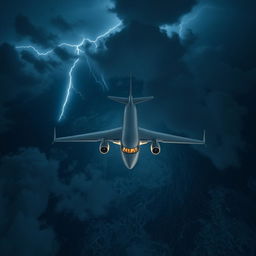 A modern commercial airplane flying over the ocean at night with a storm and clouds, captured from a top-down view