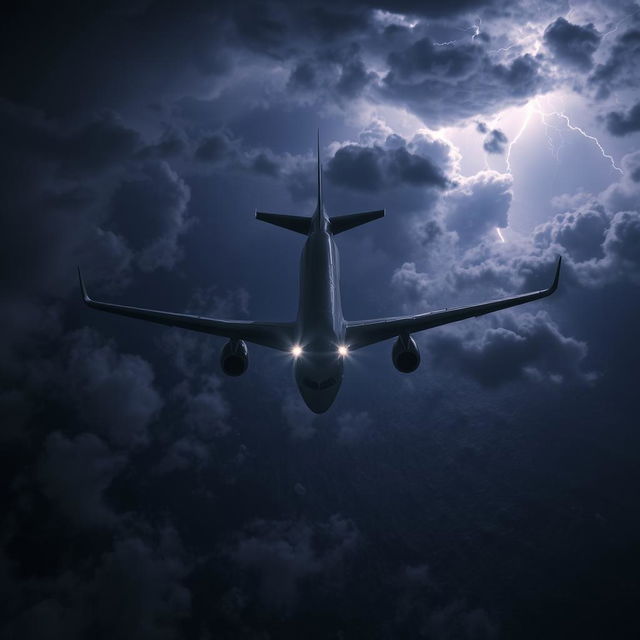 A modern commercial airplane flying over the ocean at night with a storm and clouds, captured from a top-down view