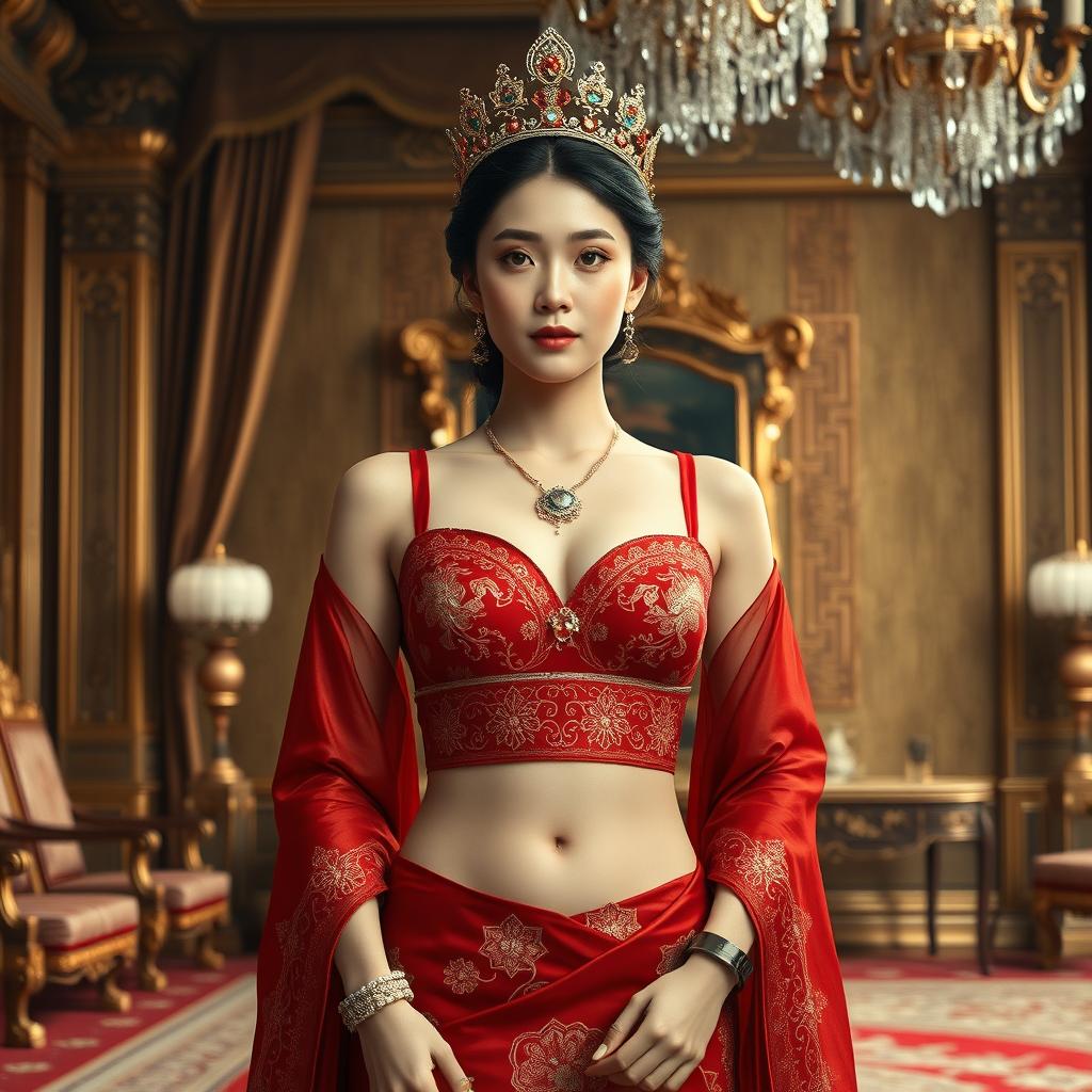 A 19-year-old beautiful Korean woman with an ideal, proportional body, portraying the role of a Javanese queen