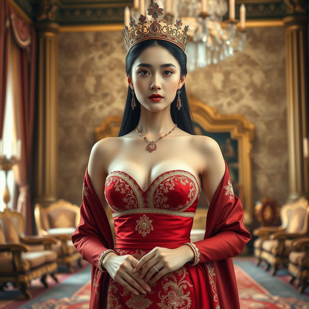 A 19-year-old beautiful Korean woman with an ideal, proportional body, portraying the role of a Javanese queen