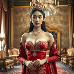 A 19-year-old beautiful Korean woman with an ideal, proportional body, portraying the role of a Javanese queen