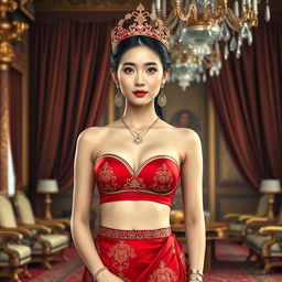 A 19-year-old beautiful Korean woman with an ideal, proportional body, portraying the role of a Javanese queen