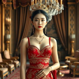 A 19-year-old beautiful Korean woman with an ideal, proportional body, portraying the role of a Javanese queen