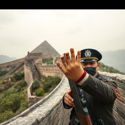 A scene featuring the Great Wall of China alongside a large step pyramid, reminiscent of ancient civilizations, with visible archaeological excavations taking place near the pyramid