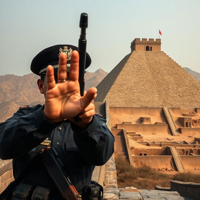 A scene featuring the Great Wall of China alongside a large step pyramid, reminiscent of ancient civilizations, with visible archaeological excavations taking place near the pyramid