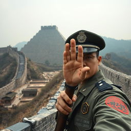 A scene featuring the Great Wall of China alongside a large step pyramid, reminiscent of ancient civilizations, with visible archaeological excavations taking place near the pyramid