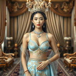 A 19-year-old beautiful Korean woman with an ideal, proportional body, portraying the role of a Javanese queen