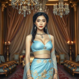 A 19-year-old beautiful Korean woman with an ideal, proportional body, portraying the role of a Javanese queen