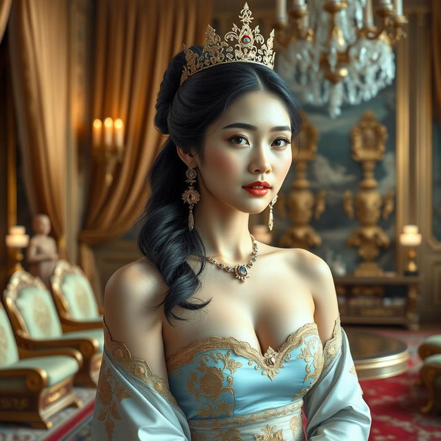 A 19-year-old beautiful Korean woman with an ideal, proportional body, portraying the role of a Javanese queen