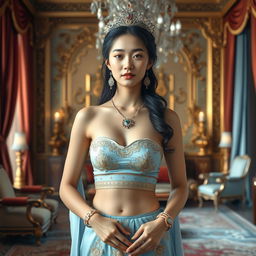 A 19-year-old beautiful Korean woman with an ideal, proportional body, portraying the role of a Javanese queen