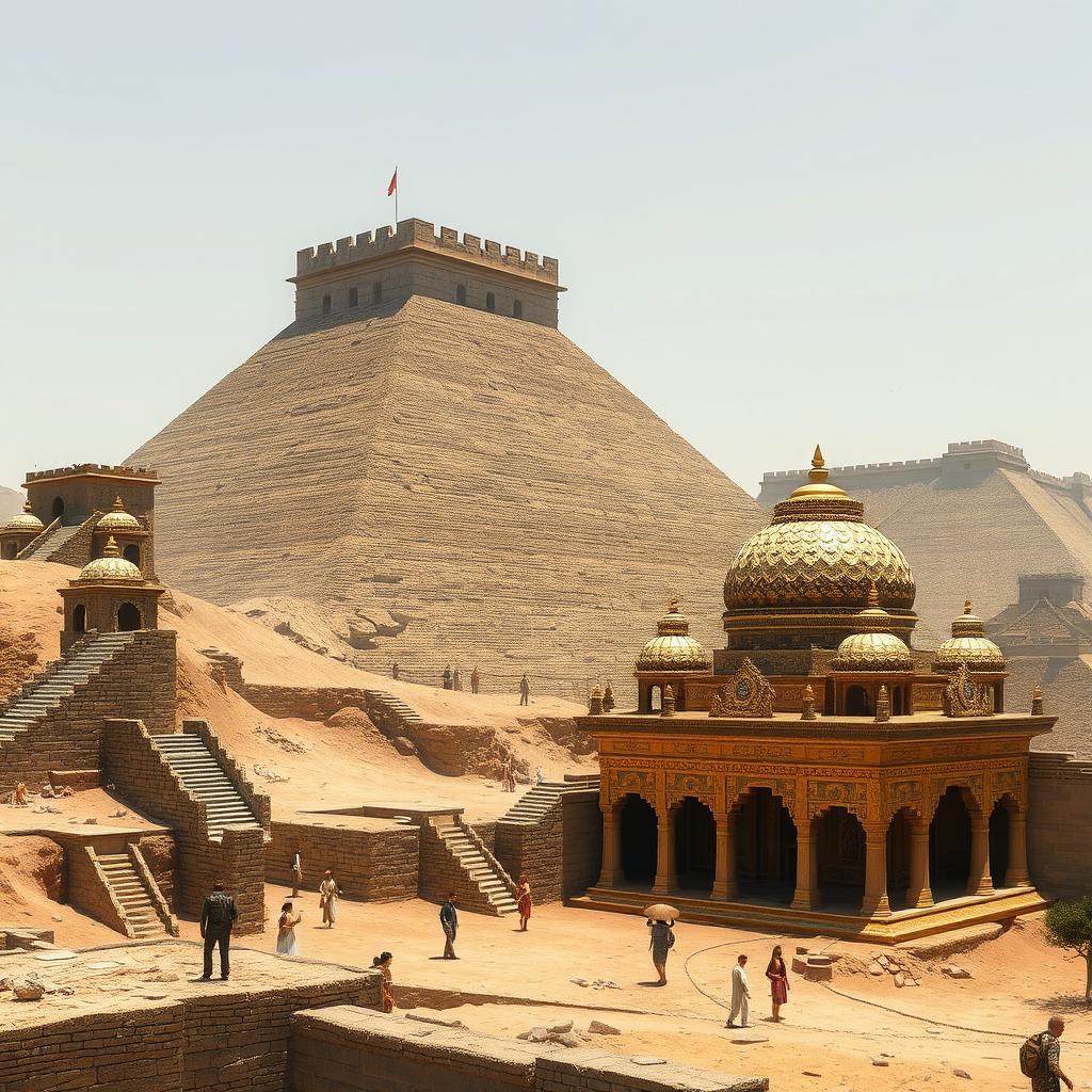 The scene showcases the Great Wall of China alongside a large step pyramid, with visible archaeological excavations happening near the pyramid