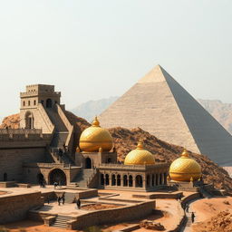 The scene showcases the Great Wall of China alongside a large step pyramid, with visible archaeological excavations happening near the pyramid