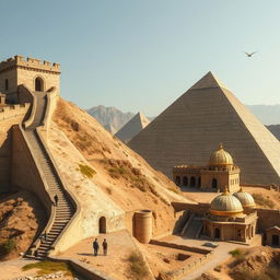 The scene showcases the Great Wall of China alongside a large step pyramid, with visible archaeological excavations happening near the pyramid