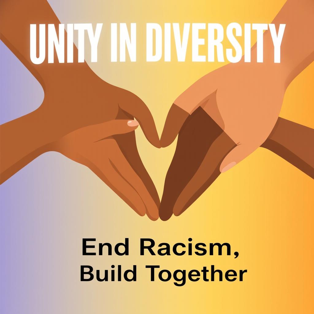 A professionally designed anti-racism poster featuring an impactful and inclusive illustration of diverse hands of different skin tones coming together to form a heart shape at the center of the poster