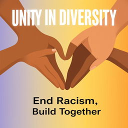 A professionally designed anti-racism poster featuring an impactful and inclusive illustration of diverse hands of different skin tones coming together to form a heart shape at the center of the poster