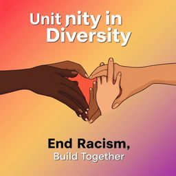 A professionally designed anti-racism poster featuring an impactful and inclusive illustration of diverse hands of different skin tones coming together to form a heart shape at the center of the poster