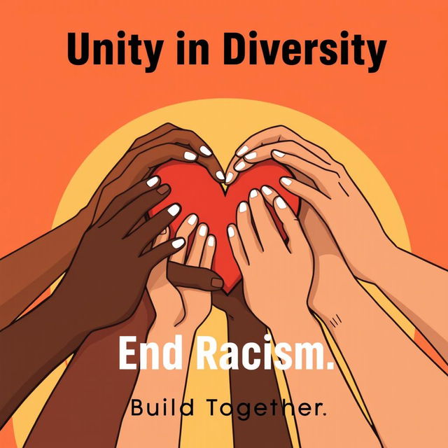 A professionally designed anti-racism poster featuring an impactful and inclusive illustration of diverse hands of different skin tones coming together to form a heart shape at the center of the poster