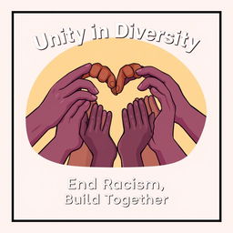 A professionally designed anti-racism poster featuring an impactful and inclusive illustration of diverse hands of different skin tones coming together to form a heart shape at the center of the poster