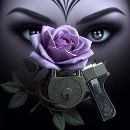 A realistic 3D model of a lilac rose with thorny vines wrapping around a padlock