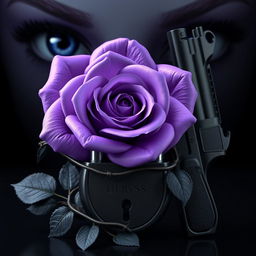 A realistic 3D model of a lilac rose with thorny vines wrapping around a padlock