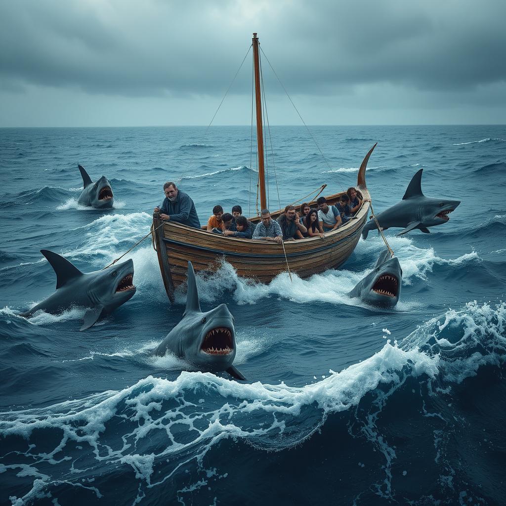 A dramatic scene depicting a small wooden boat (patera) floating on the ocean with several imposing sharks swimming around it, their fins breaking the water surface