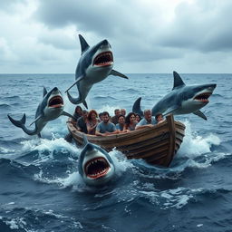 A dramatic scene depicting a small wooden boat (patera) floating on the ocean with several imposing sharks swimming around it, their fins breaking the water surface