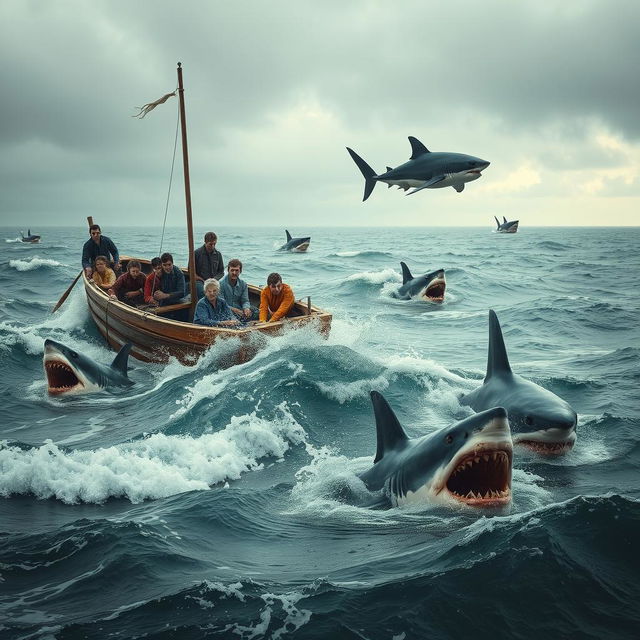 A dramatic scene depicting a small wooden boat (patera) floating on the ocean with several imposing sharks swimming around it, their fins breaking the water surface