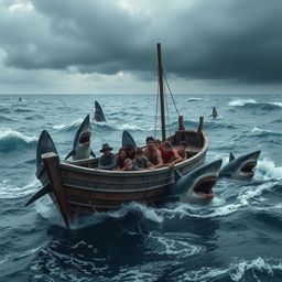 A dramatic scene depicting a small wooden boat (patera) floating on the ocean with several imposing sharks swimming around it, their fins breaking the water surface