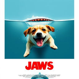 A classic movie poster for the film "Jaws" altered to feature an adorable dog swimming towards the surface instead of the original shark