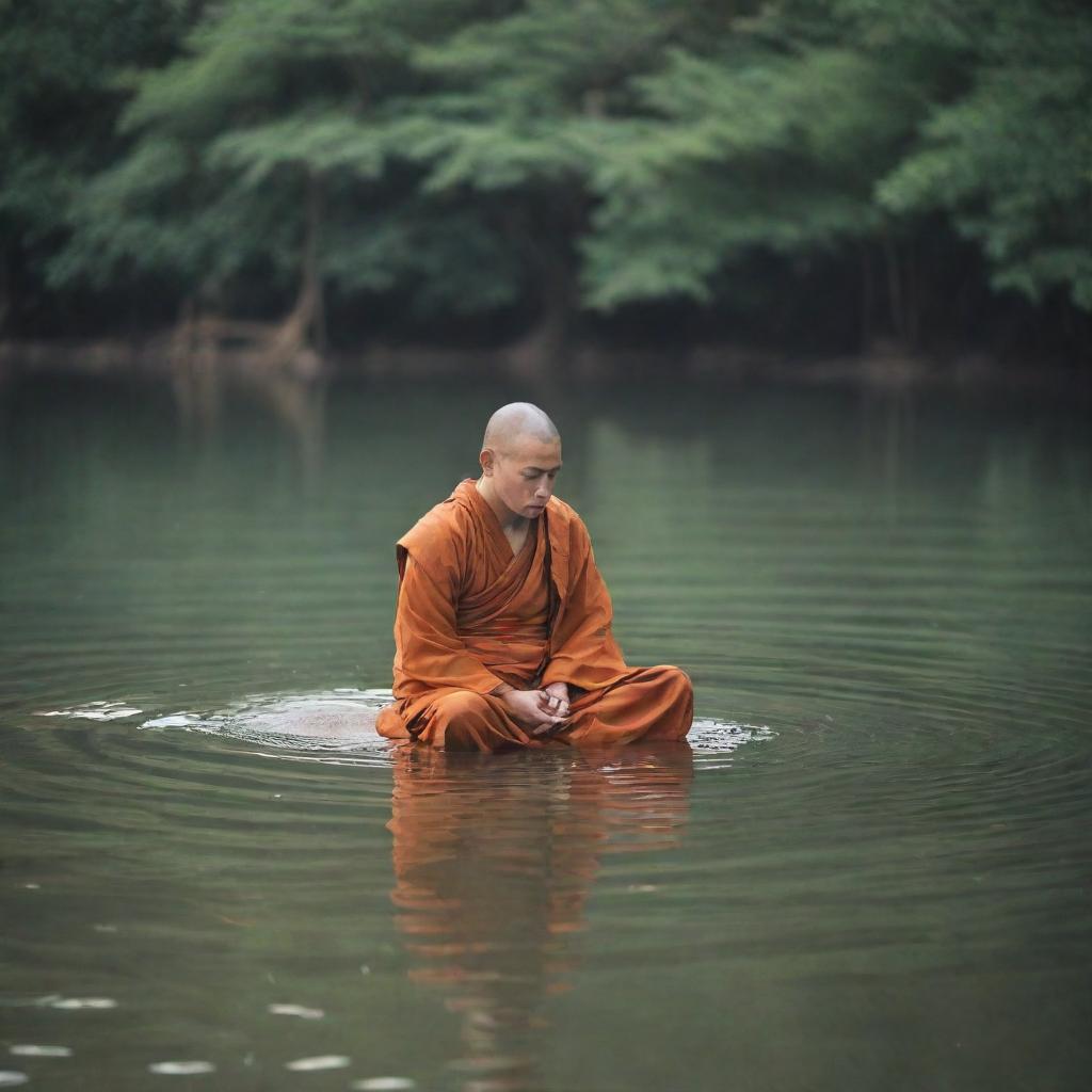 A monk sitting peacefully as if hovering on the surface of the water, creating an image of serenity and calm.