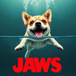 A classic movie poster for the film "Jaws" altered to feature an adorable dog swimming towards the surface instead of the original shark