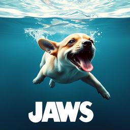 A classic movie poster for the film "Jaws" altered to feature an adorable dog swimming towards the surface instead of the original shark